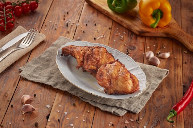 Grilled chicken BBQ, wood background