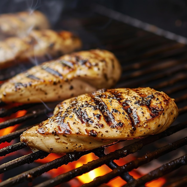 Grilled chicken breast on a barbecue grill with flames and smoke