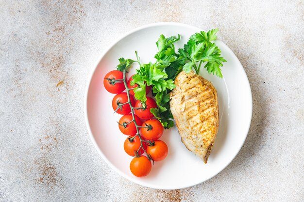 Grilled chicken breast diet menu meal snack on the table copy space food background