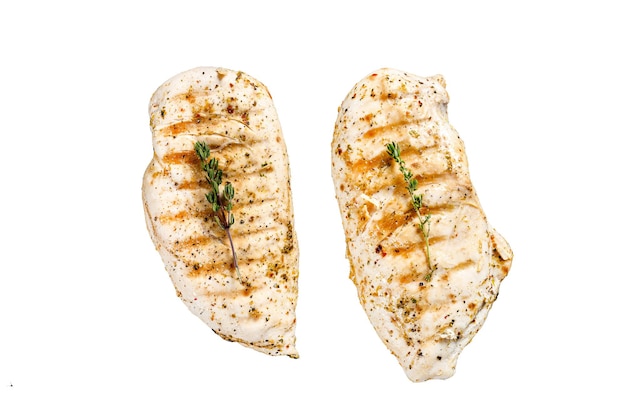 Photo grilled chicken breast in a pan with thyme and garlic isolated on white background top view