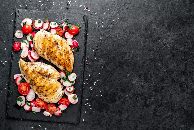 Куриная грудка на гриле и салат со свежими овощами, помидорами и редисом Куриное мясо с салатом Здоровая пища на каменном столе