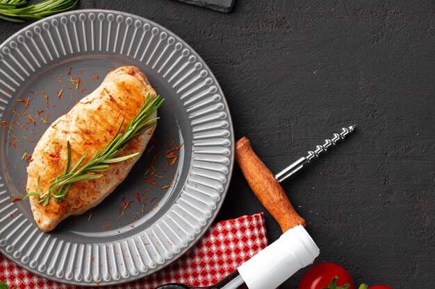 Grilled chicken breast served in plate on black table