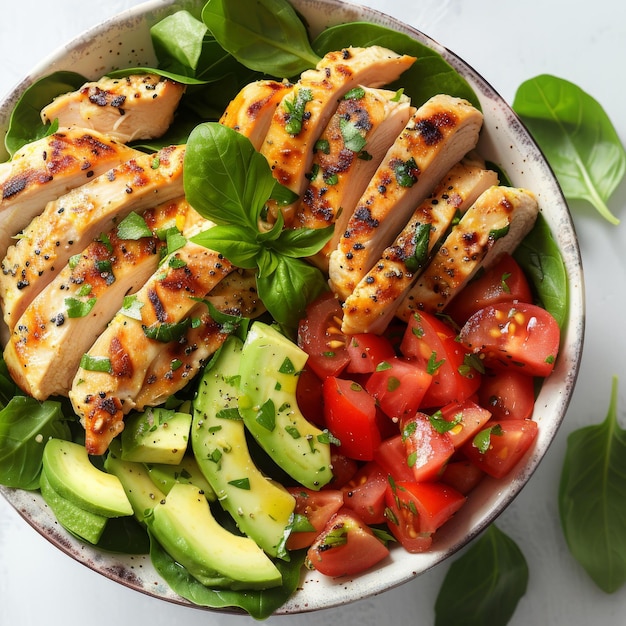 Foto petto di pollo alla griglia con pomodoro di avocado e insalata di spinaci