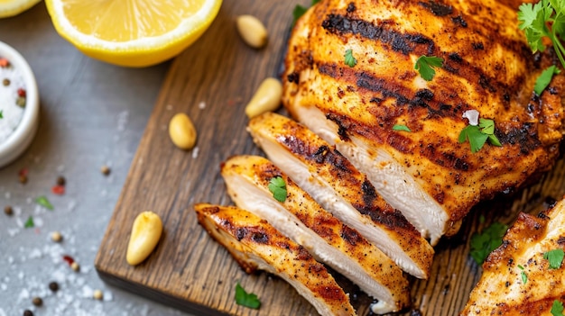 Grilled chicken breast with spice rub and lemon on a cutting board sliced and whole Generative Ai