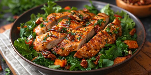 Photo grilled chicken breast with sweet potato and kale salad