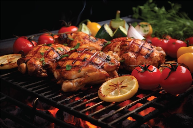 Grilled chicken breasts on a grill plate on black background with tomatoes