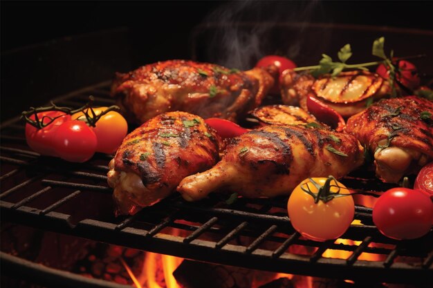 Grilled chicken breasts on a grill plate on black background with tomatoes