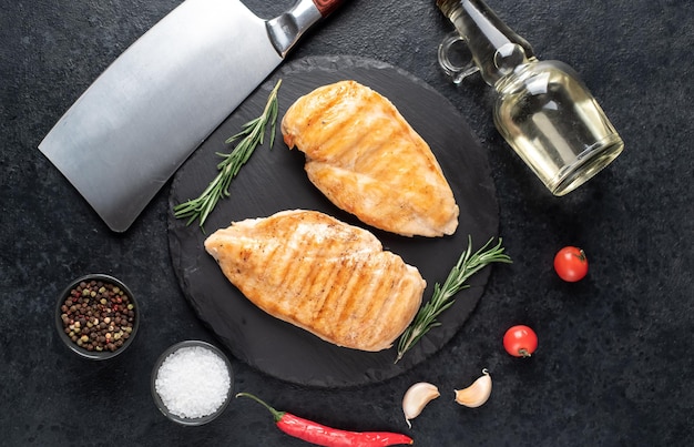 grilled chicken breasts on stone background