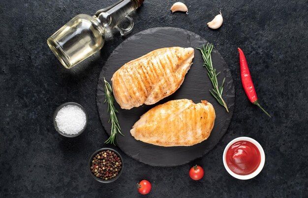 grilled chicken breasts on stone background