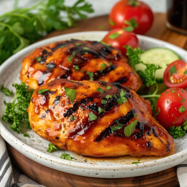 Grilled chicken breasts with bbq sauce and cherry tomatoes on a plate