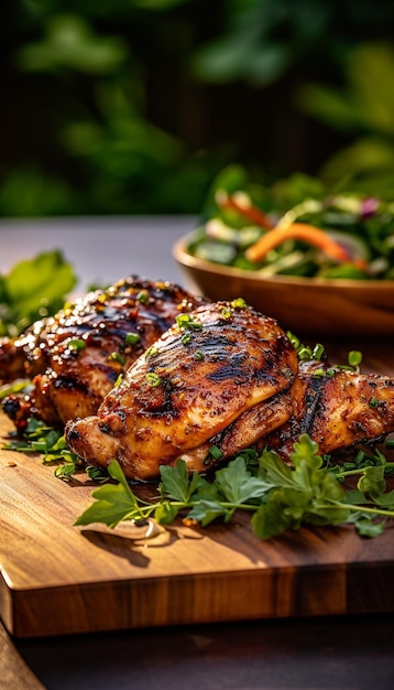 Grilled chicken on a cutting board with a salad in the background