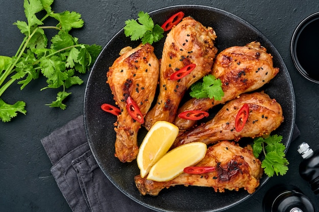 Grilled chicken drumsticks or legs or roasted bbq with spices and tomato salsa sauce on a black plate. Top view 