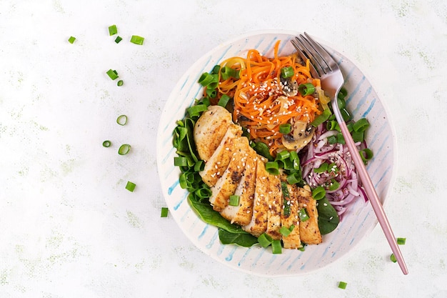 Grilled chicken fillet and carrot pasta Healthy lunch menu Keto food Top view