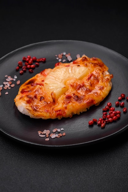 토마토 파인애플과 치즈를 곁들인 스테이크 형태의 구운 치킨 필레