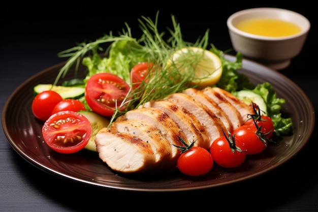 Photo grilled chicken fillet and fresh vegetable salad of tomatoes