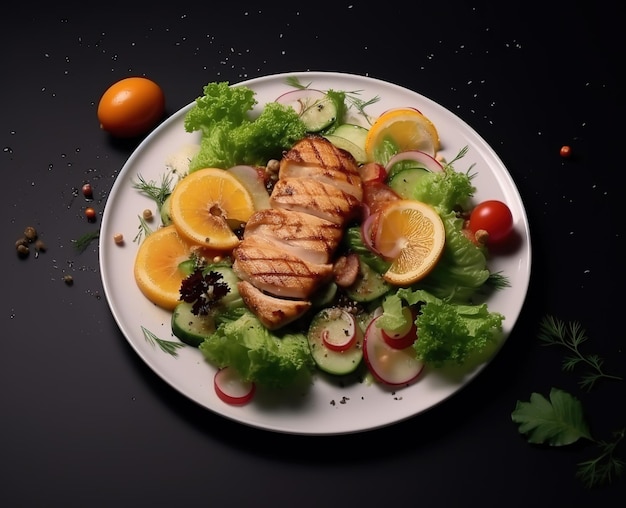 Photo grilled chicken fillet and fresh vegetable salad