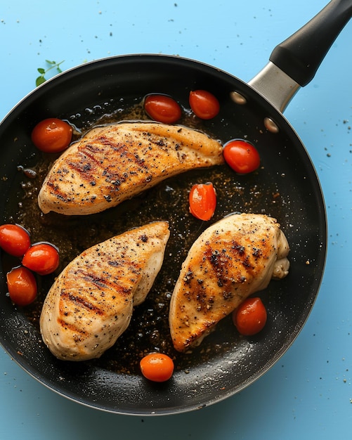 Grilled chicken fillet with cherry tomatoes in frying pan on blue background