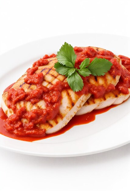 Grilled chicken fillet with tomato sauce isolated on white background