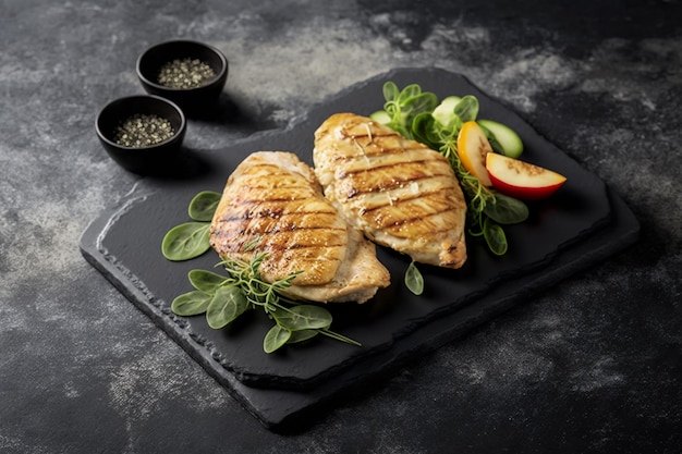 Grilled chicken fillets on slate plate Gray concrete background