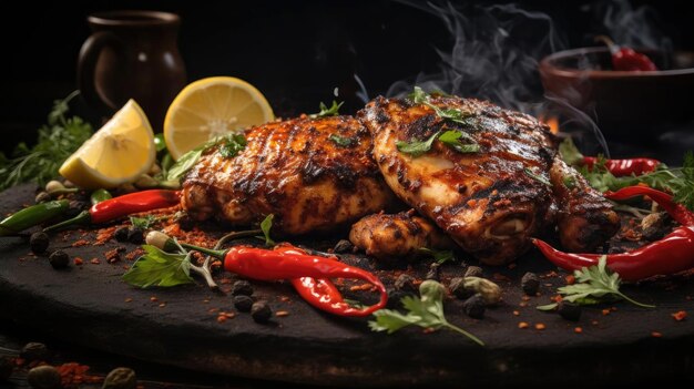 Grilled chicken full of herbs and vegetables on a blurred background