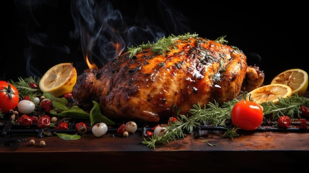 Grilled chicken full of herbs and vegetables on a blurred background