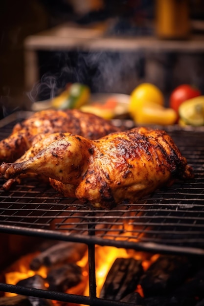Grilled chicken on a grill with flames
