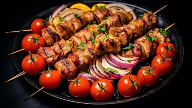 Grilled chicken kebab on skewers with vegetables on black background
