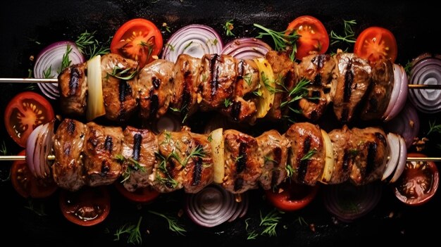 Grilled chicken kebab on skewers with vegetables on black background