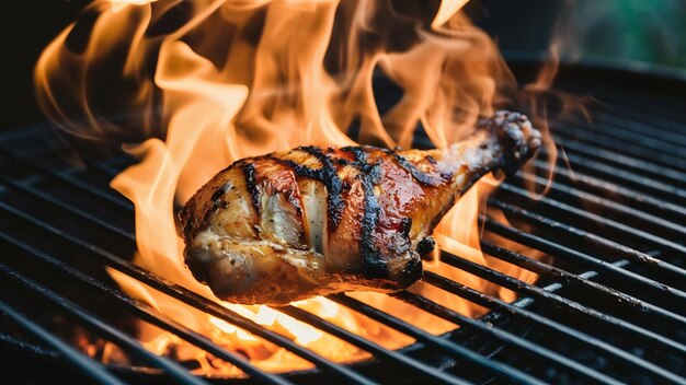 Grilled chicken leg on the flaming grill