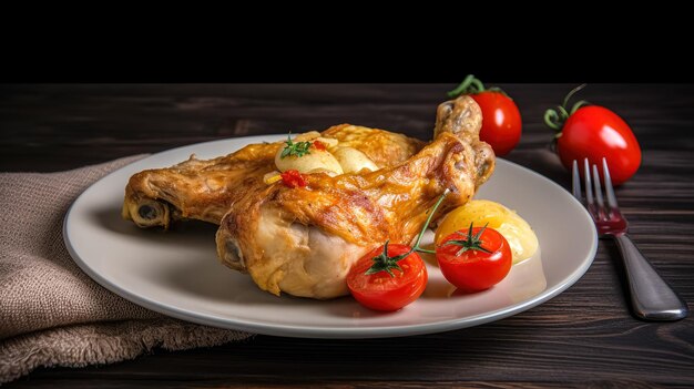 Foto gambe di pollo alla griglia in piatto con verdure servite sul tavolo spazio di natura morta per testo generativo