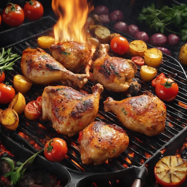 Grilled chicken legs on the flaming grill with grilled vegetables with tomatoes potatoes pepper se