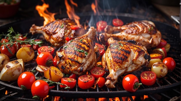 Grilled chicken legs on the flaming grill with grilled vegetables with tomatoes