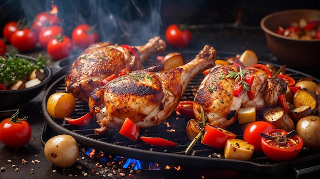 Grilled chicken legs on the flaming grill with grilled vegetables with tomatoes