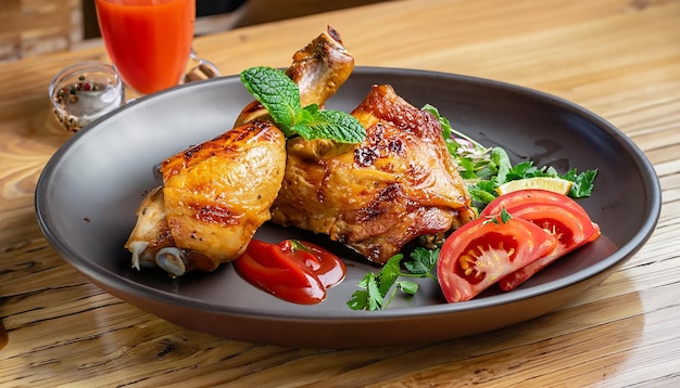 Photo grilled chicken legs with sauce and lemon on a wooden table