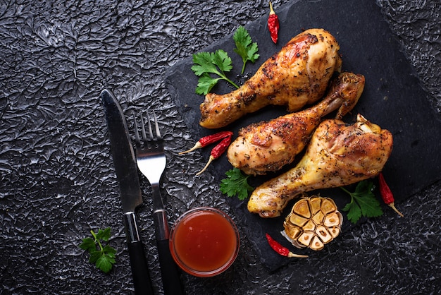 Grilled chicken legs with spices and garlic.