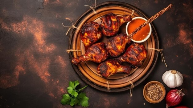 Grilled chicken legs with spicy sauce Top view copy space