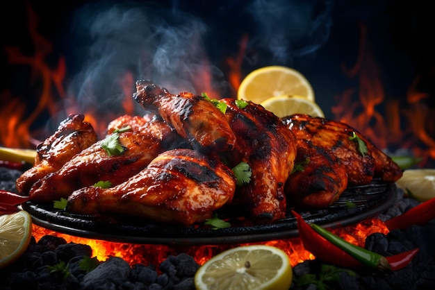 Photo grilled chicken and lemons on a grill with lemon and lemon