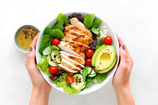 Photo grilled chicken meat and fresh vegetable salad of tomato avocado lettuce and spinach