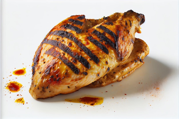 Grilled chicken piece on a white plate with white background