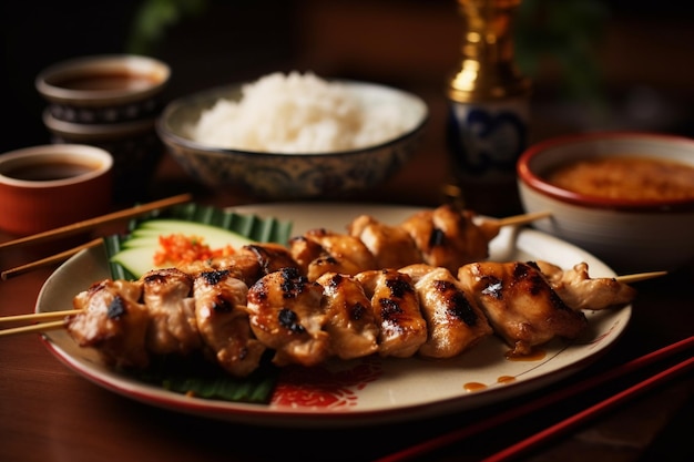 Grilled chicken and rice on a plate with chopsticks selective focus