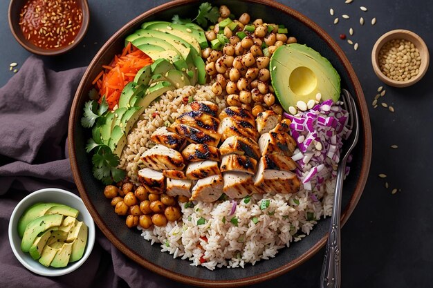 Grilled chicken rice spicy chickpeas avocado cabbage pepper buddha bowl on dark top view