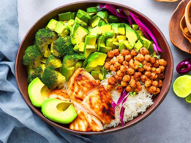 grilled chicken rice spicy chickpeas avocado cabbage pepper buddha bowl on dark top view