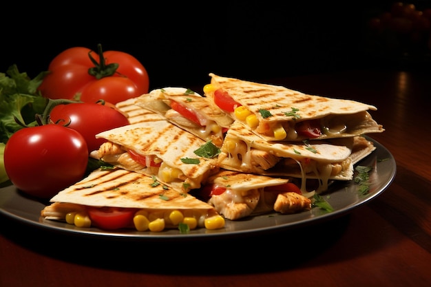 Foto pollo alla griglia, quesadilla di mais arrostito.