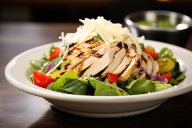 Grilled chicken salad with hard cheese shavings