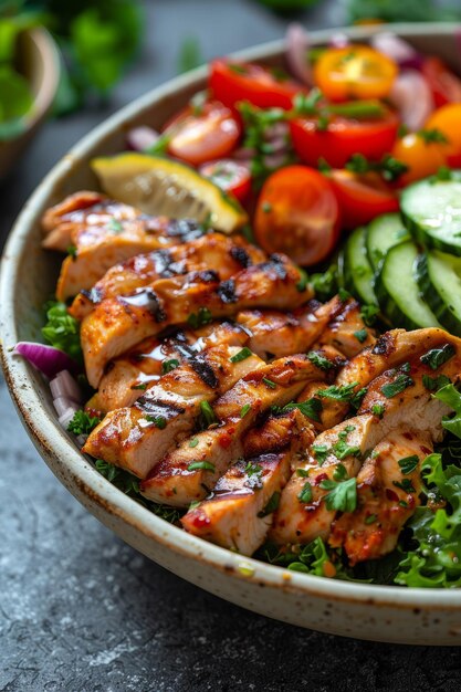 Photo grilled chicken salad with lemon tahini dressing