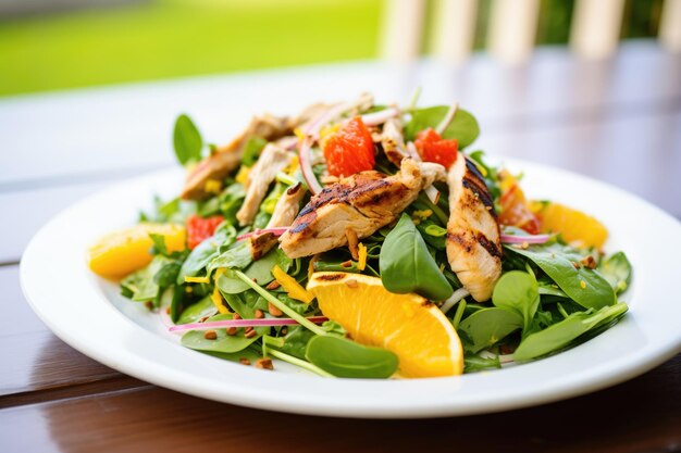 Grilled chicken salad with mixed greens and orange slices