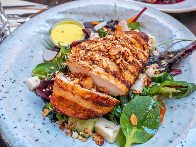 Grilled chicken salad with rocket and cabbage salad on white dish in Iceland restaurant