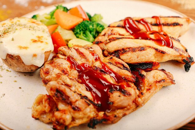 grilled chicken in sauce and delicious vegetables.