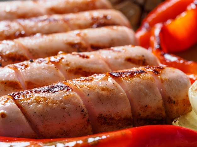 Grilled chicken sausages close up