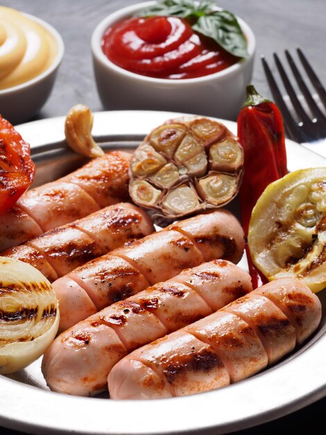 Grilled chicken sausages close up